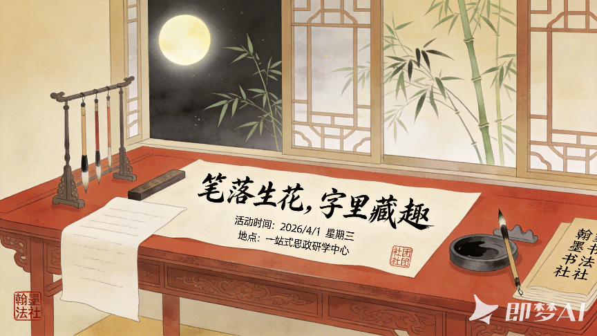 jimeng-2026-03-30-2861-国风插画风格书法活动海报,画面描绘古色古香的书房场景,红木书桌摆放着毛笔、砚台、...