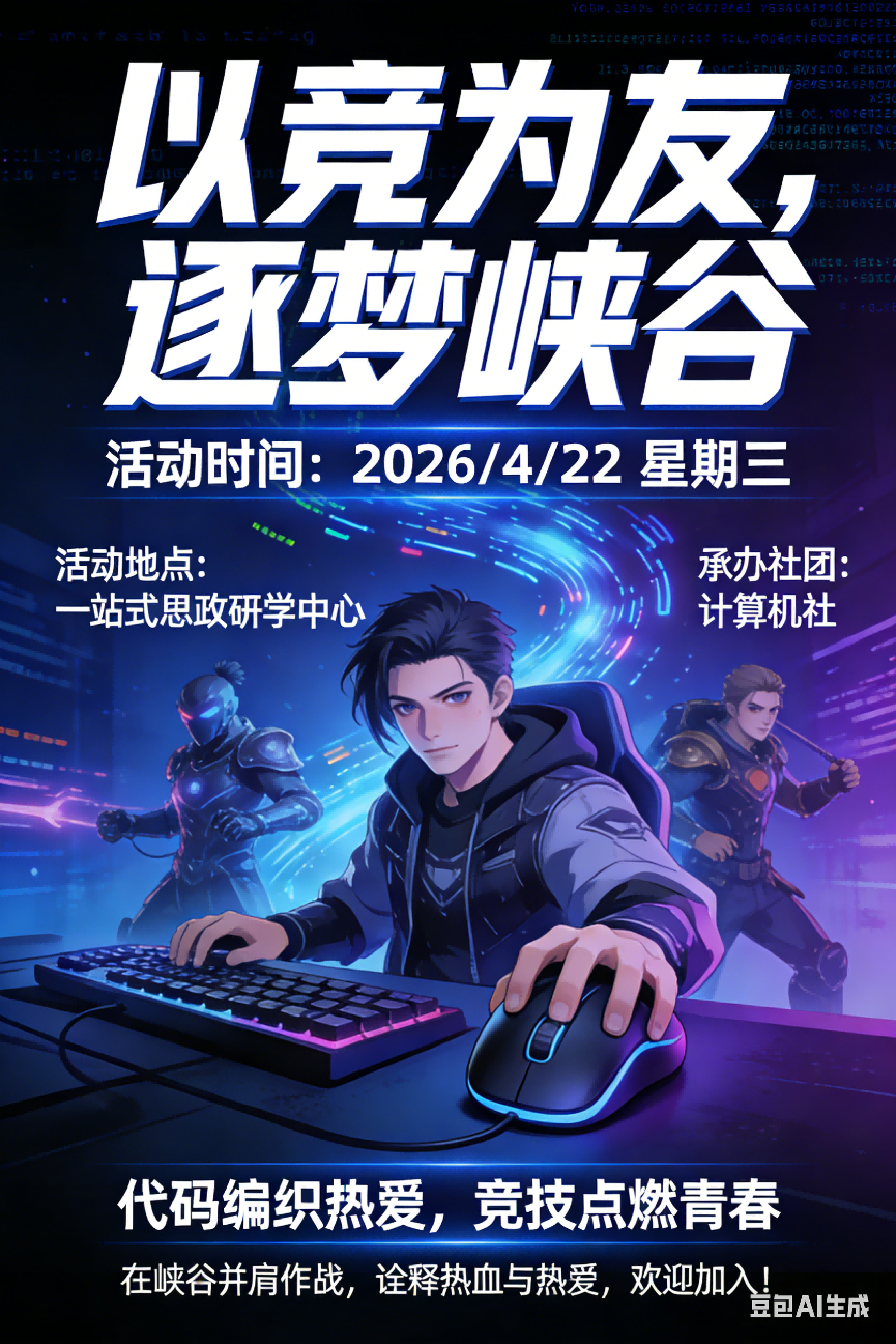 以竞为友,逐梦峡谷计算机社活动海报